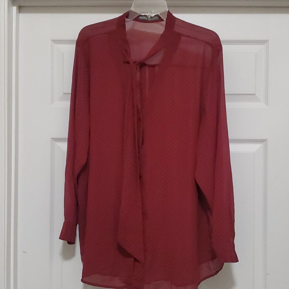 ❣️Signature Collection womens 2X red & black polka dot sheer button down b…